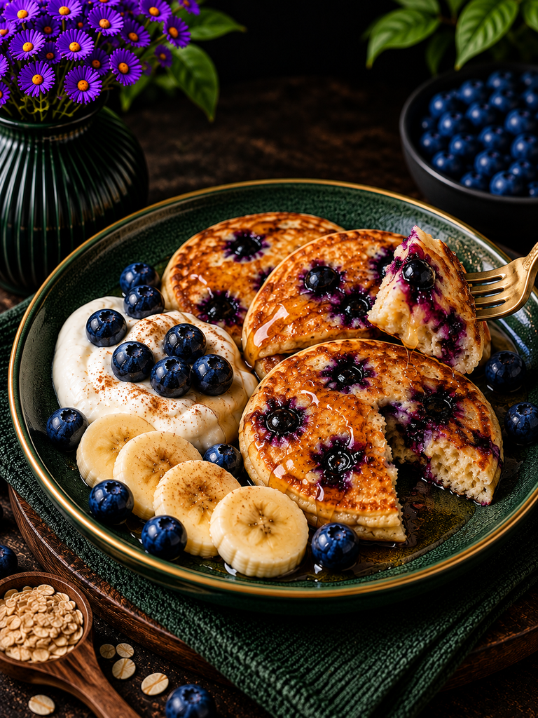 blueberry pancakes with golden fork bite