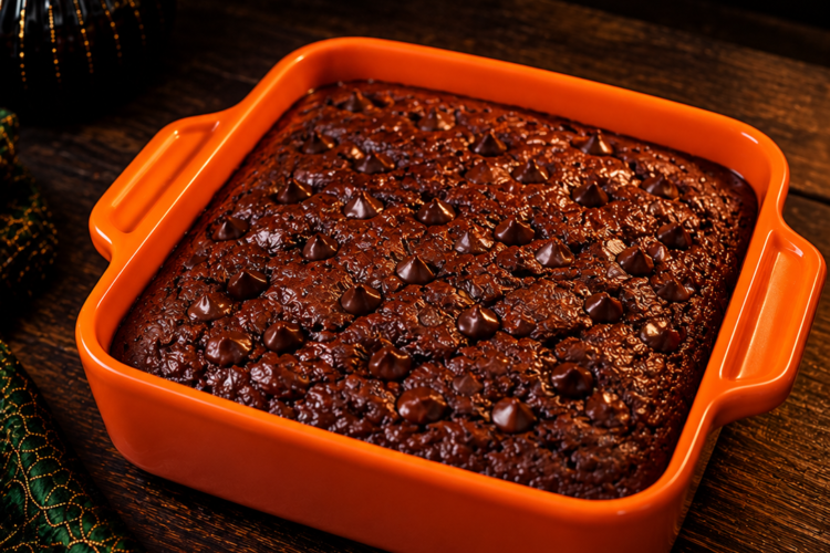 glossy chocolate brownie in orange dish